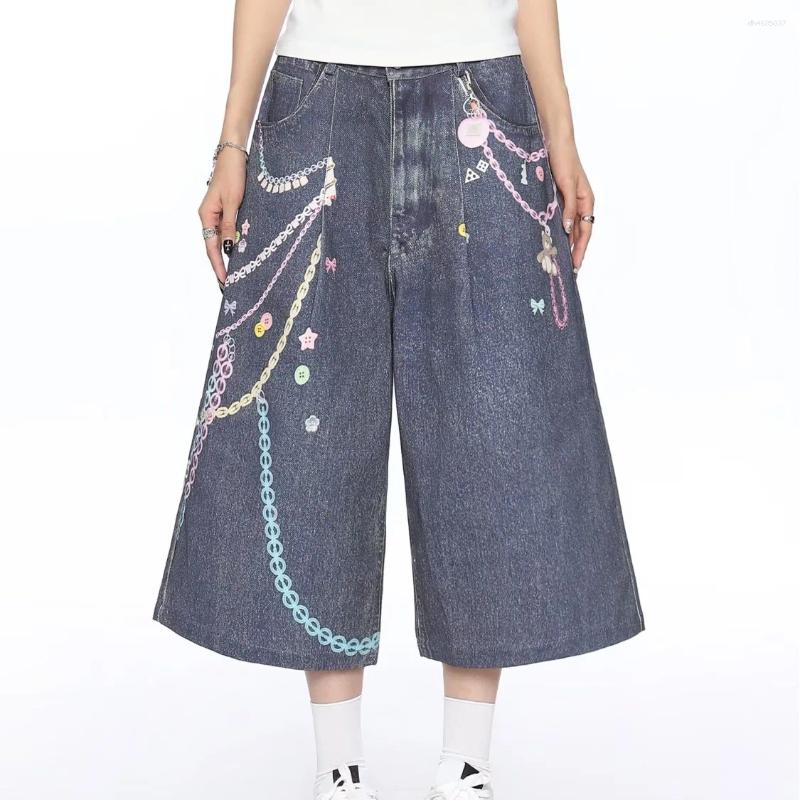 Men's Jeans DM American Trendy 3D Printting Denim Shorts 2025 Summer High Street Chic Straigh Wide Leg Knee Length Pants