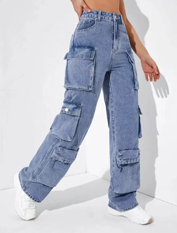 Trendy American Retro Handsome Streetwear Womens Fashion Jeans Flip Pocket Denim Cargo Pants High WaistWashed Hiphop Chic Jeans 250821