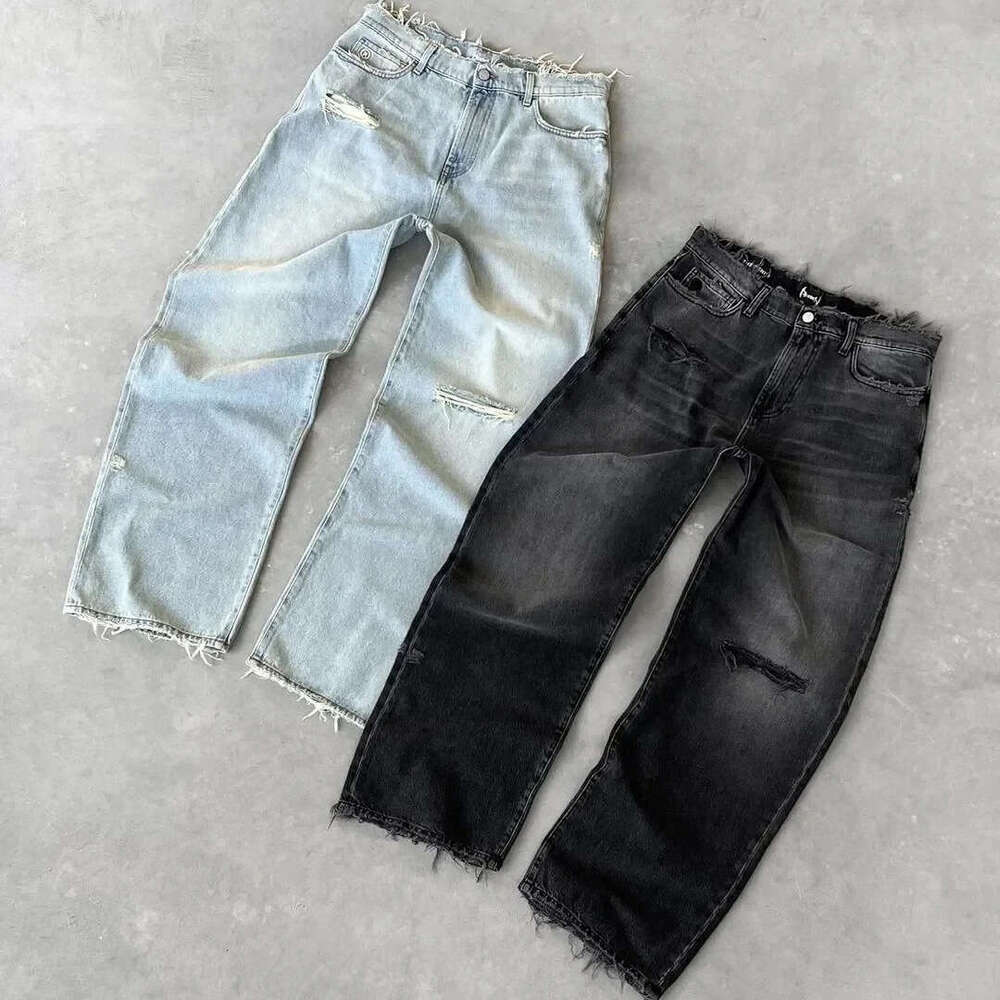 Washed Vintage Distressed Solid Color Unisex Street Fashion Casual Jeans B5