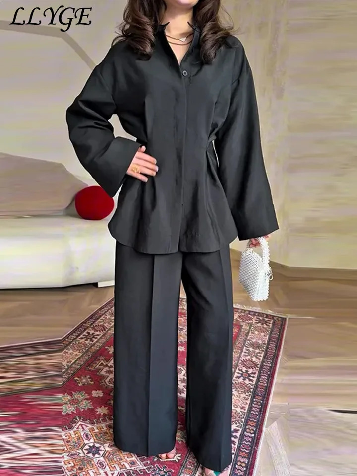 Pantalon de chemise solide en vrac sets femmes pantalons de jambe à manches longues à manches longues simples