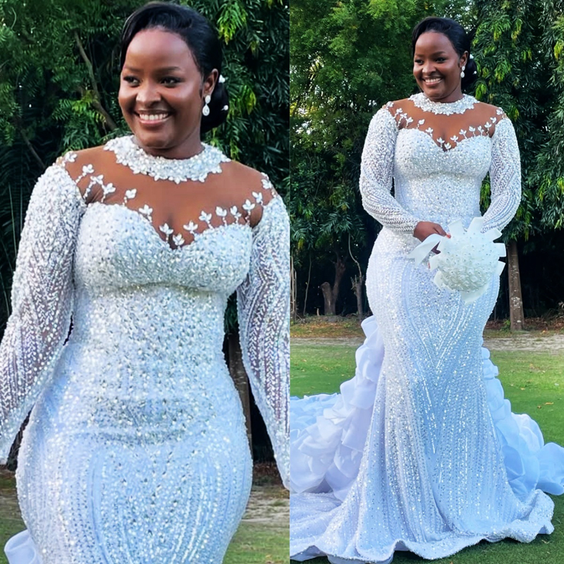 Plus Size Aso Ebi White African Wedding Dress Bridal Gown For Bride Mermaid Wedding Gowns High Neck Long Sleeves Tiers Beaded Lace Rhinestones Brida