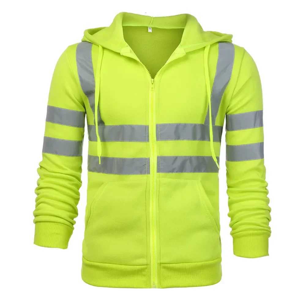 Men Reflective Strip Hoodies Casual Fit Work Safety Jackets Autumn Thin Fleece Hooded Zipper Sweatshirt Coats Workwear For Men W250821