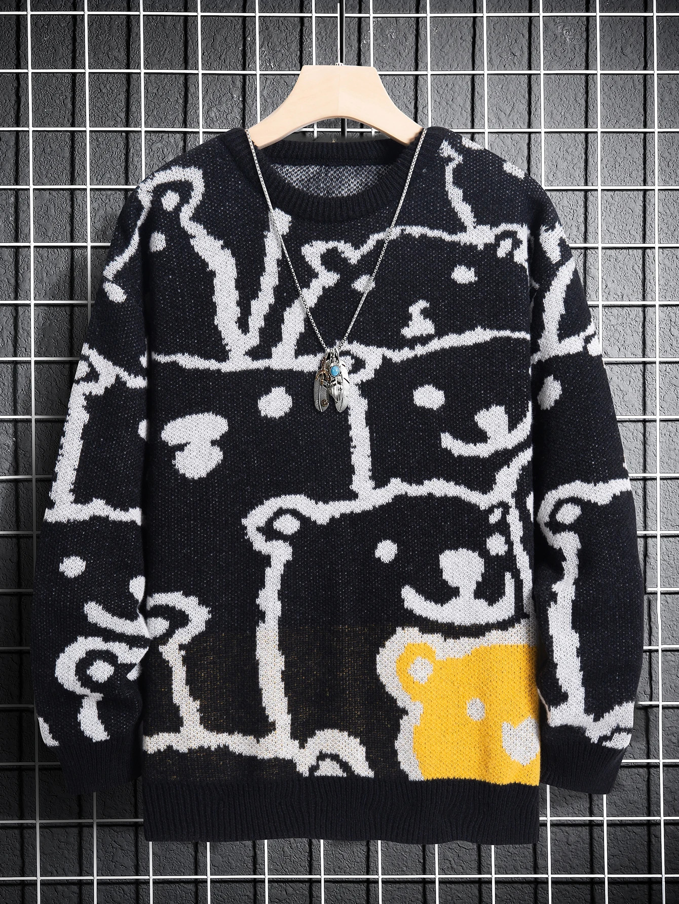 Cartoon Cute Pullover Sweater Casual Round Neck Contrast Color Knitted Mens Pullover 250818