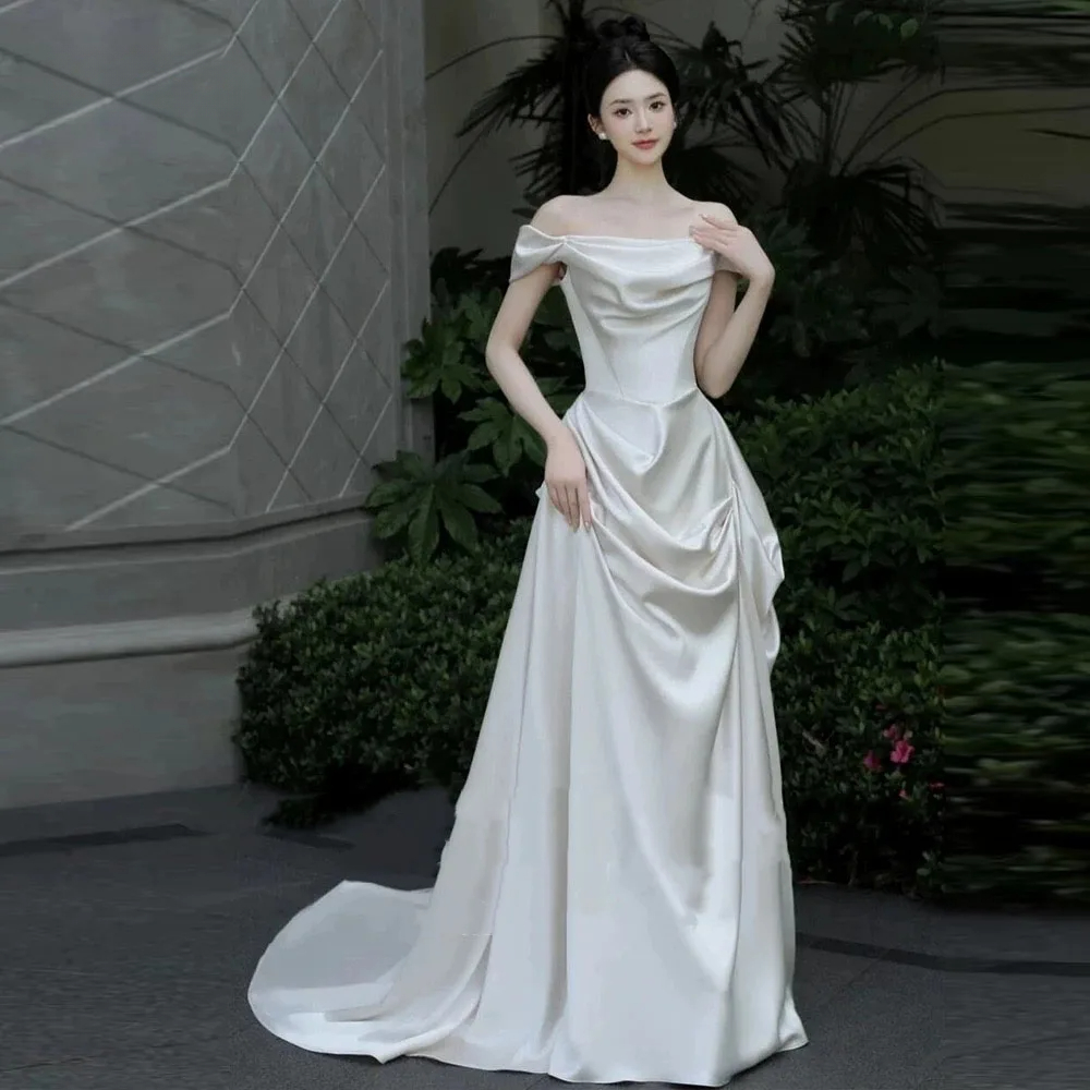 Off Shoulder A-Line Simple Wedding Dresses Pleats Silk Satin Elegant Zipper Back Bridal Gowns Floor Length Custom Made Color/Size