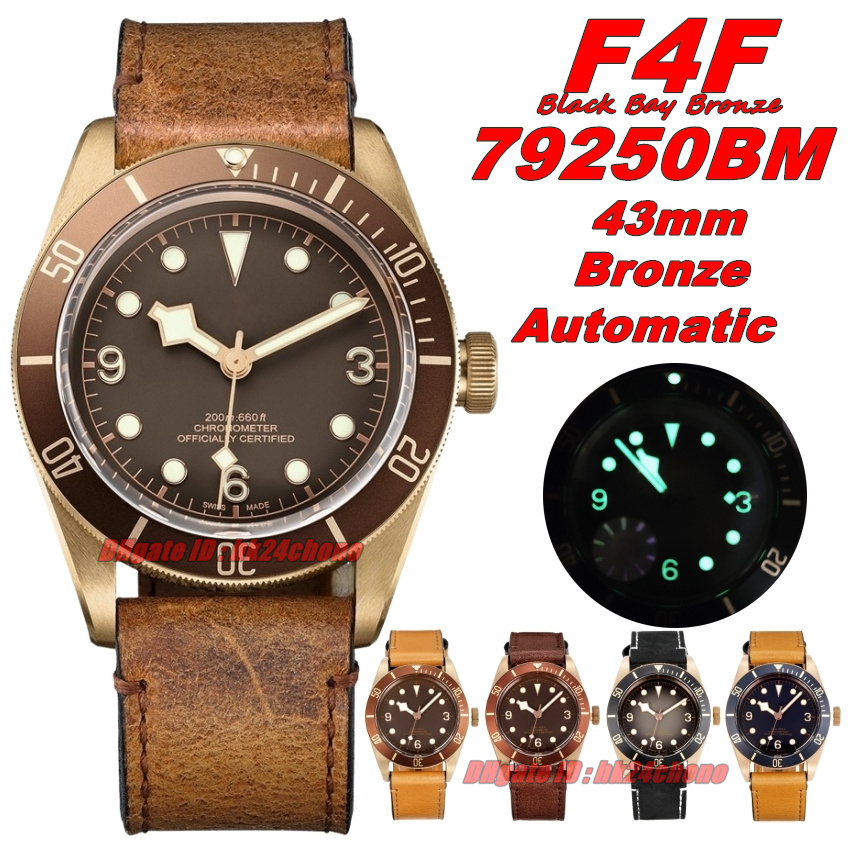 F4F Luxury Watches 43mm Black Bay Bronze Automatic Mens Watch 79250BM Dark Brown Dial Leather Strap Gents Sports Wristwatches M79250BM-0005