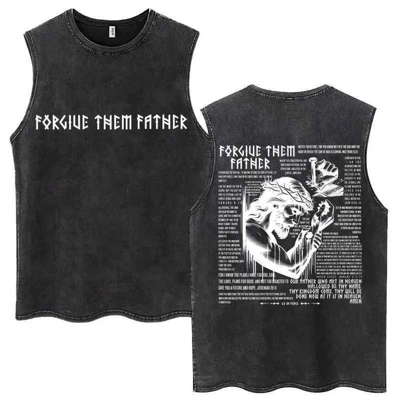 Christian Jesus Forgive Them Father Bible Vintage Washed Tank Tops Mens Gothic Cotton Sleeveless T-shirt Casual Oversized Tees X250821