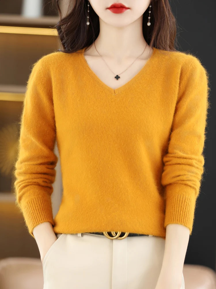 LHZSYY Super Warm 100% Mink Cashmere Women Sweaters V-Neck And Pullovers Winter High Elasticity Soft Tops Casual Basic Jumper 250819