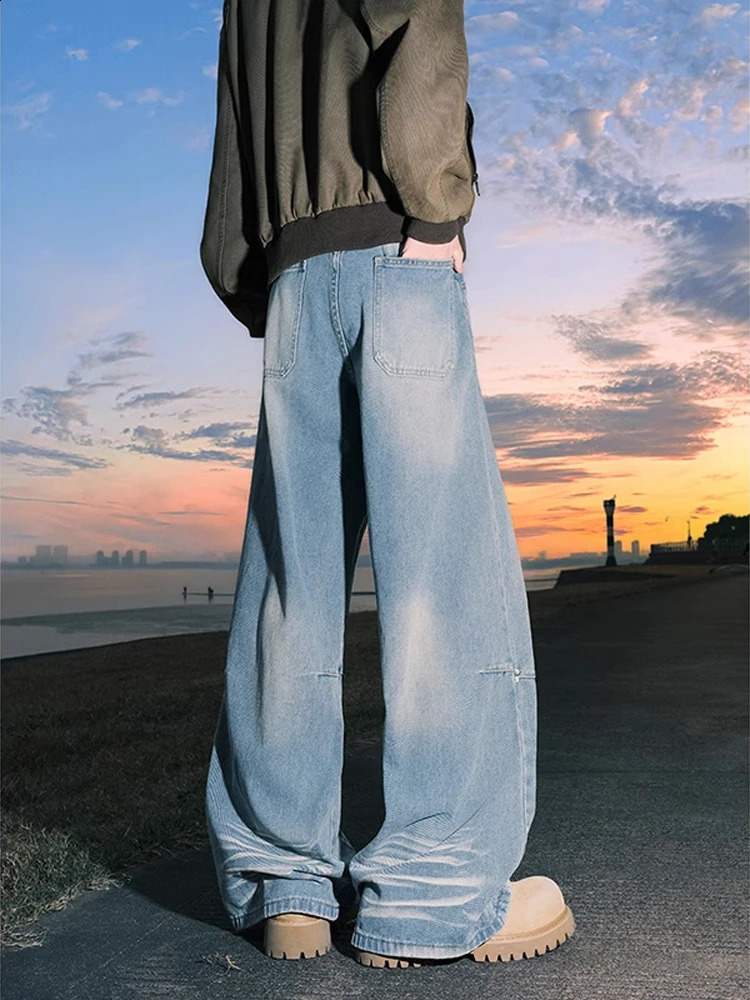 Ice Blue Water Ripple Wide Leg Mens Jeans Straight Tube Loose Fit Jeans American High Street Sle Cotton Polyester Blend 250819