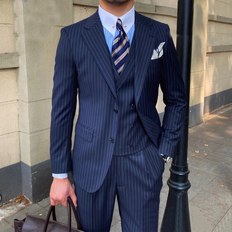 3 Pieces Solid Color Formal Slim Fit Wedding Business Banquet Work Suit Navy Blue Vest Pants And Jacket 250821