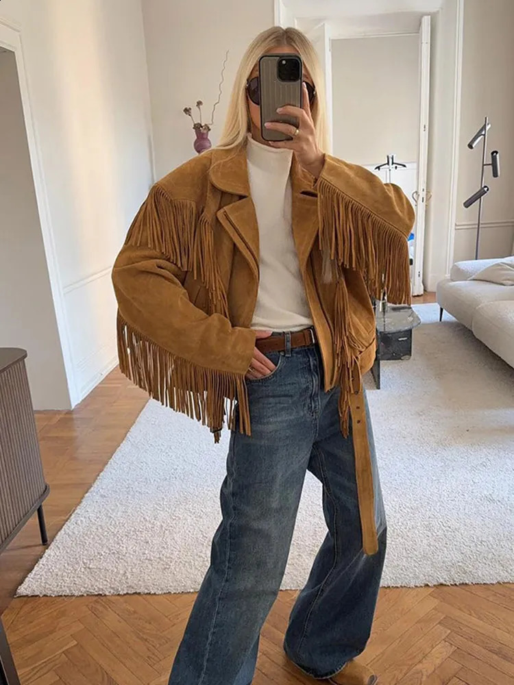 Solid Tassel Suede Leather Jacket Retro Womens Lapel Long Sleeve Short Cropped Coat Female Motorcycle Street Outwear 250820