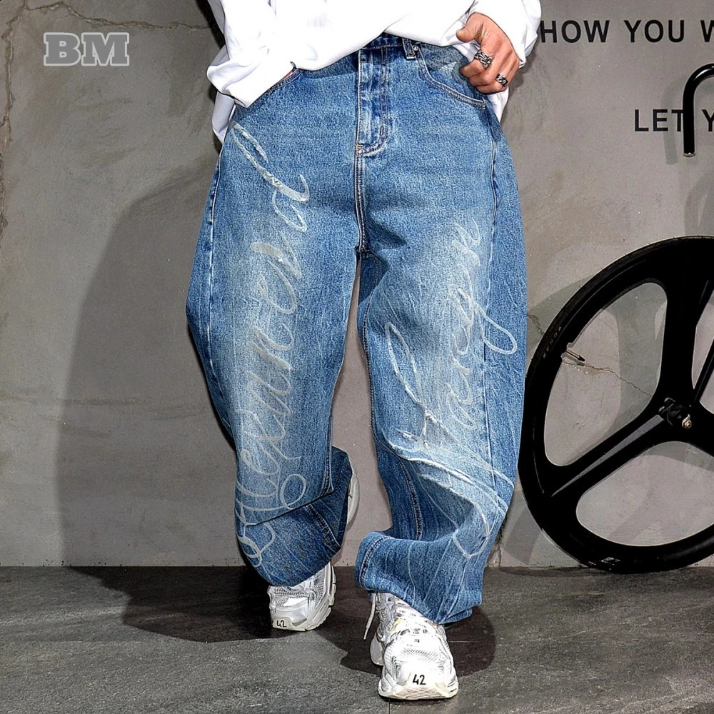 High End MenS Clothing Korean Fashion Baggy Jeans For Men Distressed Letter Ripped Jeans Streetwear Skateboard Denim Pants Male 250819