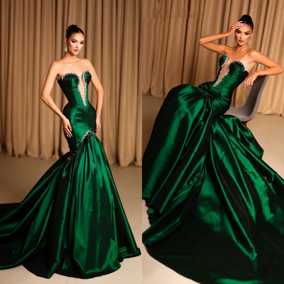 Robe de soirée simple sirène sans bretelles Crystal Robes de bal perles de la mode plies de mode Sweet Train de fête des robes de fête personnali