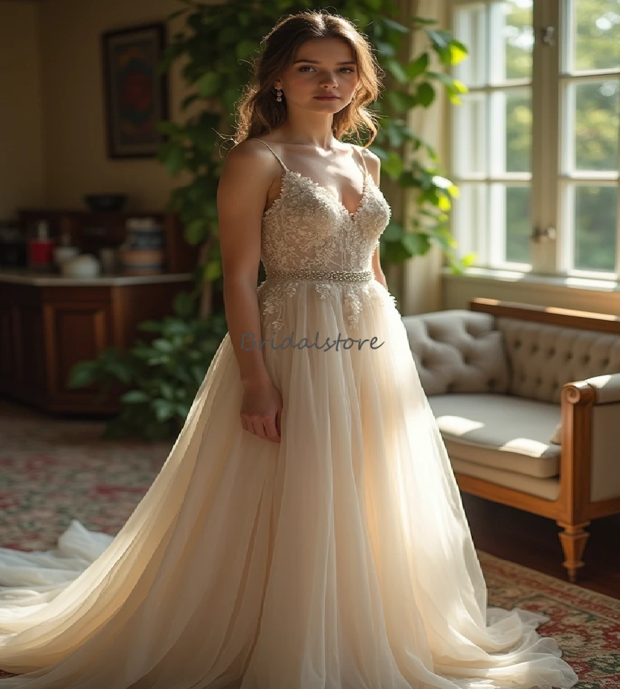 Champagne charmante robe de mariée boho avec bretelles spaghetti une ligne tulle cristal bohemien robe nuptiale 2025 jardin élégant robe de marié
