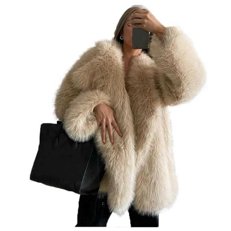 Shaggy Overcoat Outerwear Light Beige Faux Fur Warm Coat Womens Fashion Puffy Fur Jacket Sweater L250821