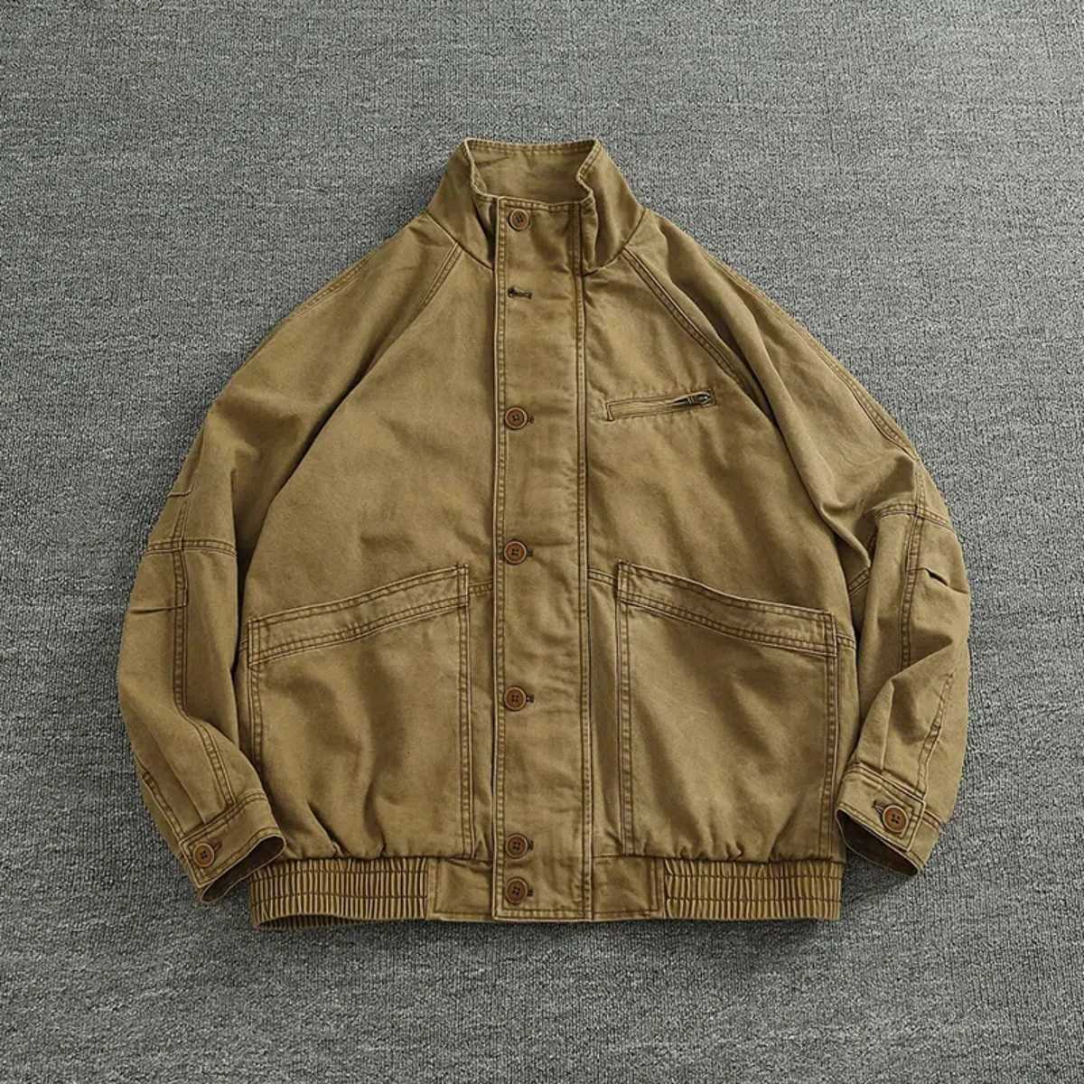 Classic vintage tough man standing collar cargo casual jacket for men high-quality cotton woven large pocket coat top for men W250821