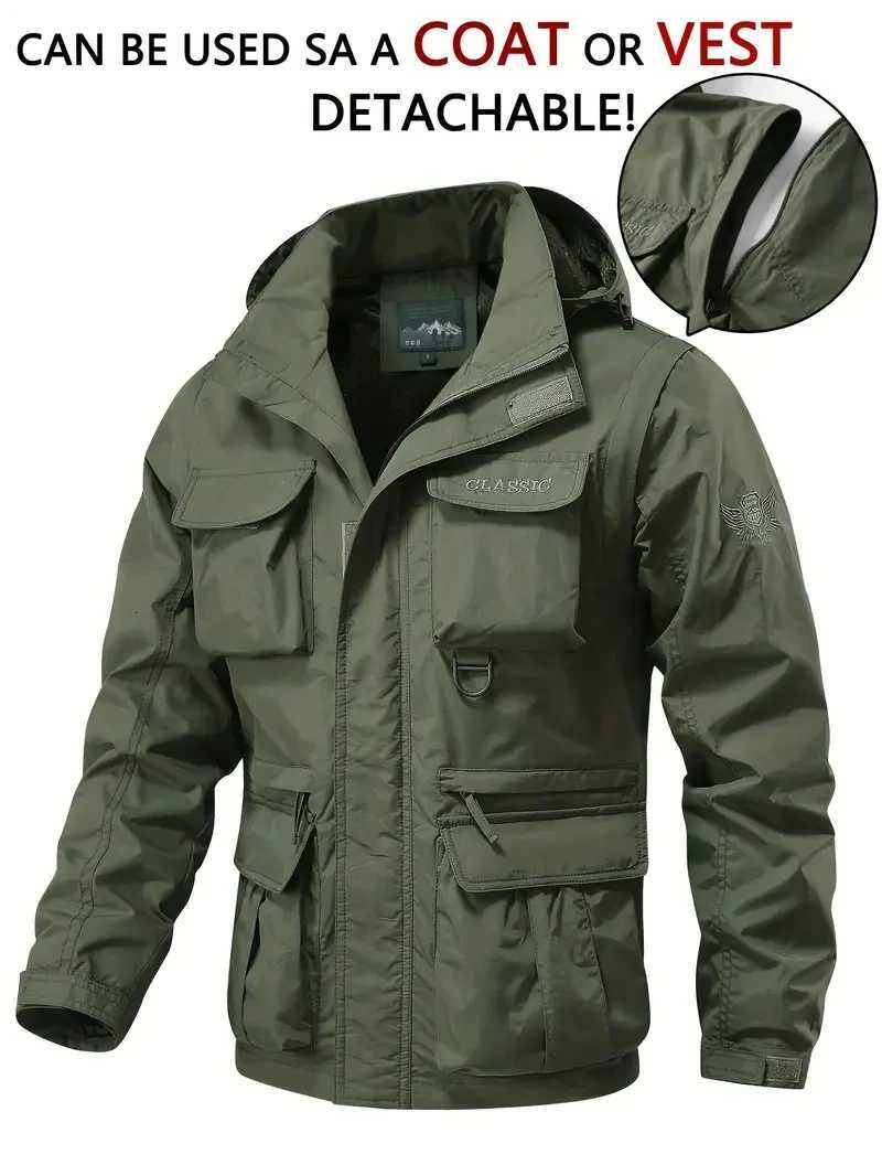 Detachable Windproof Sleeved Hooded Jacket Suitable for Outdoor Activities Mens Casual Waterproof Multi Pocket Jacket Vest W250821