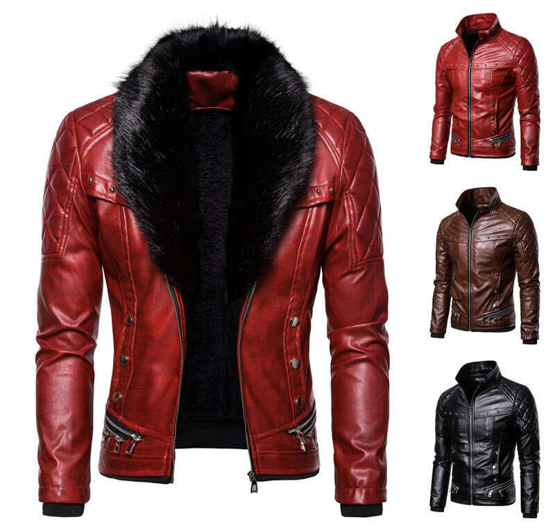 Autumn Winter New Fashion Solid Color Button Zipper Patchwork European Size Fur Collar Men's Leather Jacket Py71 B5