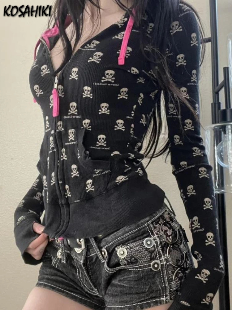 Vintage Punk Skull Printi Harajuku Hoodies Women Casual Vintage Black Hooded Jacket Y2k Aesthetic Crop Zipper Sweatshirt Kpop 250820