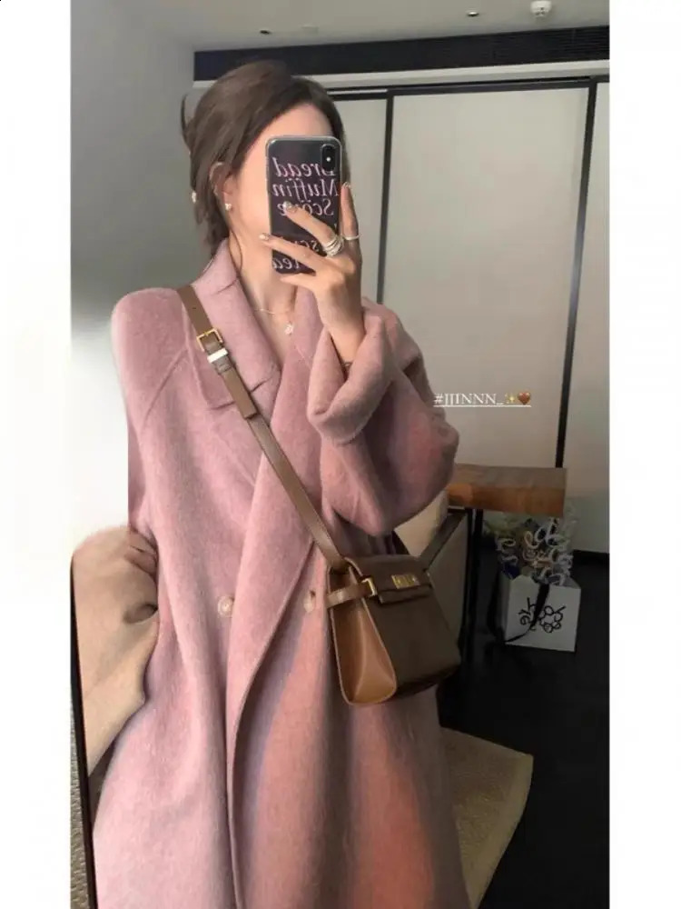 Handmade Office Lady DoubleBreasted Woolen Alpaca Jackets Autumn And Winter Lace Up Loose Long Womens Wool Coats 250818