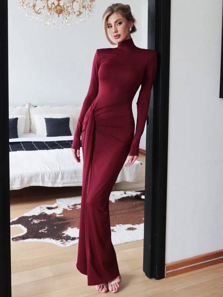 Tossy Fashion Pleated Bandage Long Dress For Women High Waist Slim Patchwork Long Sleeve Elegant Commute Womens Maxi Dress 2025250820
