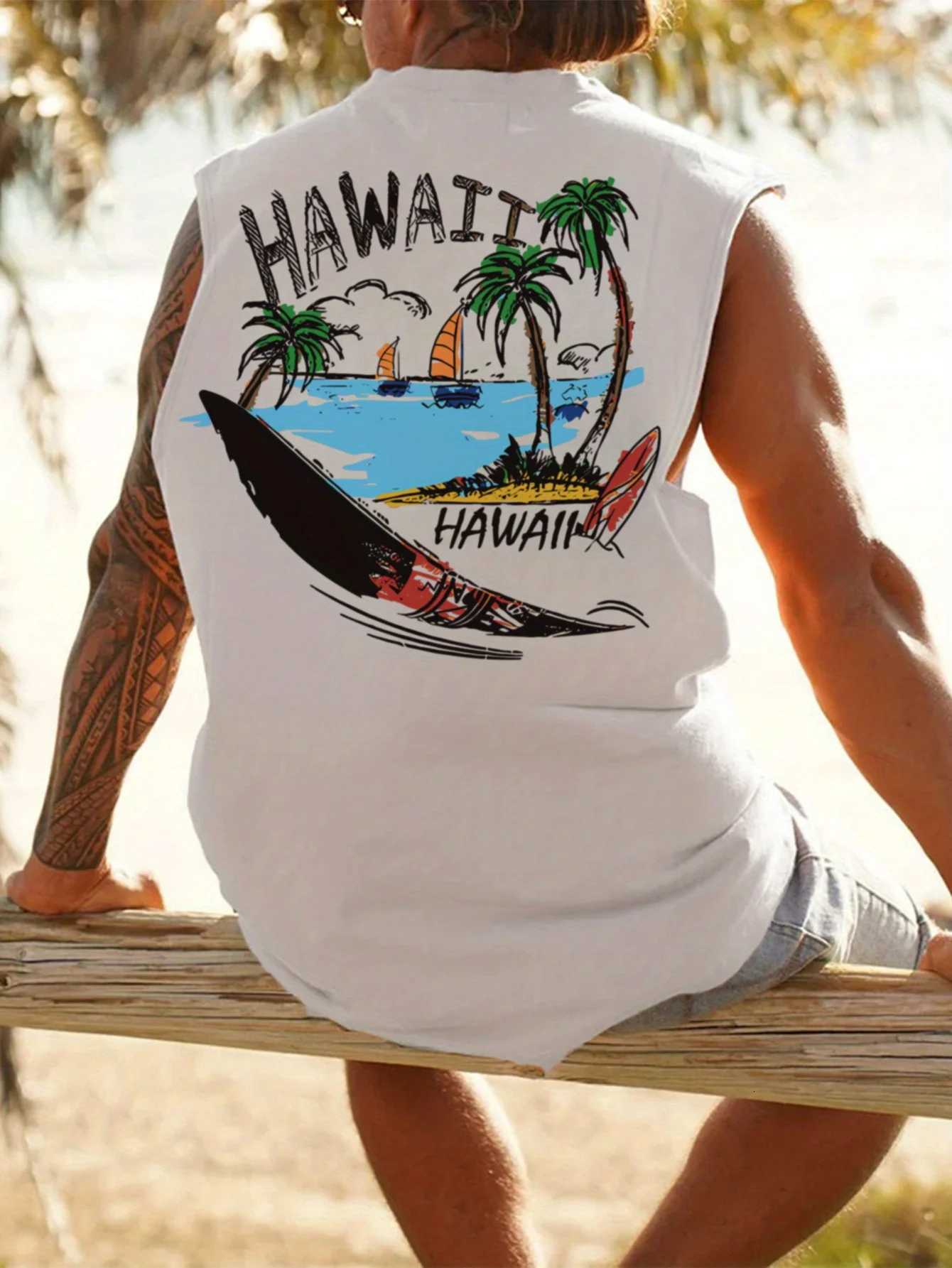 Mens Summer Casual Sports Fitness Loose Hawaiian Print Comfortable and Breathable Round Neck Sleeveless Vest X250821