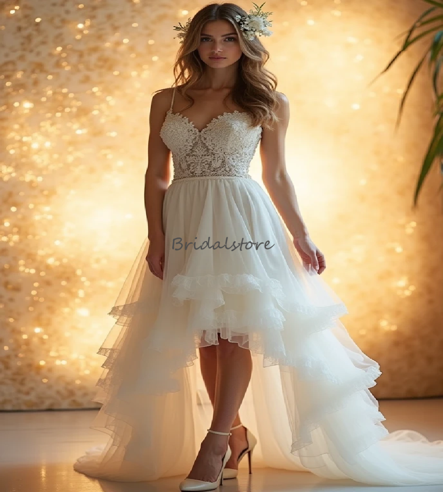 Sexy Hi Low Cowgilrs Wedding Dress 2025 Spaghetti Straps Tulle Beach Bohemian Bridal Dress Elegant Lace Garden Bride Dress Forest Boho Country Ve
