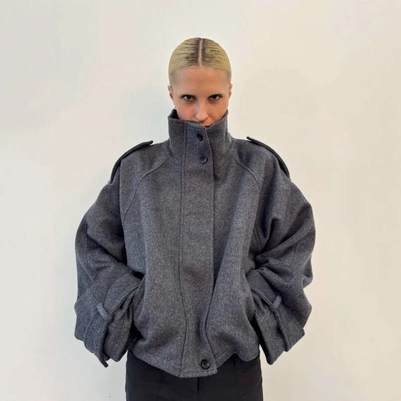 Autumn Winter Buttoned Stand Collar Short Woolen Coat Women's Fashion Zipper Loose Lazy Style Jacket B5