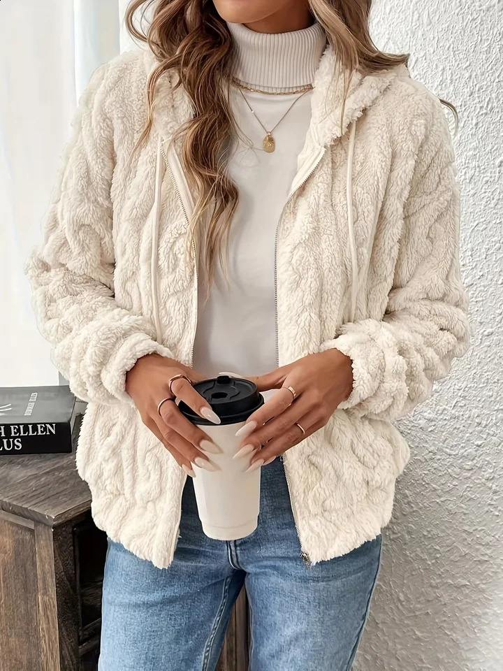 Girls autumn and winter casual Joker zipper plush hooded jacket long sleeve fluffy short coat 250820