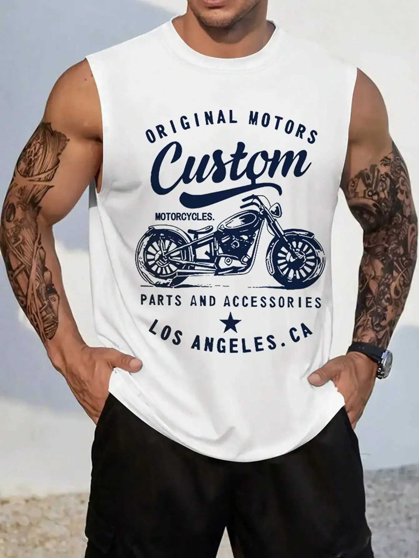 Mens Summer Fashion Casual Sports Loose Retro Motorcycle Pattern Print Comfortable Breathable Round Neck Sleeveless Vest X250821