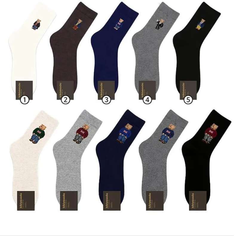 5pcs/lot Luxury Mens Designer Socks Cartoon Gentleman Bear Cotton Haruku Style Sport Boys Skateboard Novelty Breathable Sock Christmas Gifts