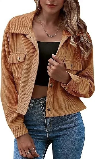 Autumn Long Sleeve Corduroy Jackets Vintage Harajuku Cropped Coat Elegant Solid Shirt Korean Women Blouse Outwear 250819