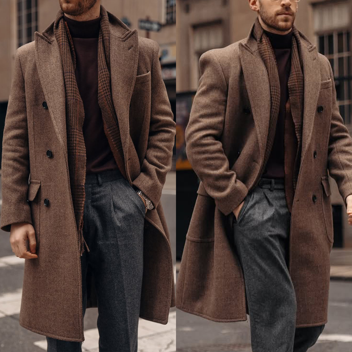 Handsome Men Jacket Herringbone Woolen One Piece Tailor-Made Overcoat Double Breasted Warm Customized Long Coat Plus Size