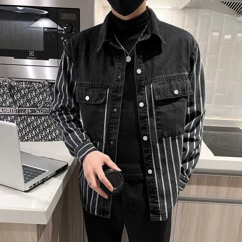 Mens Casual Loose Fit Long Sleeve Denim Jacket with Stripe Patchwork Coat W250821