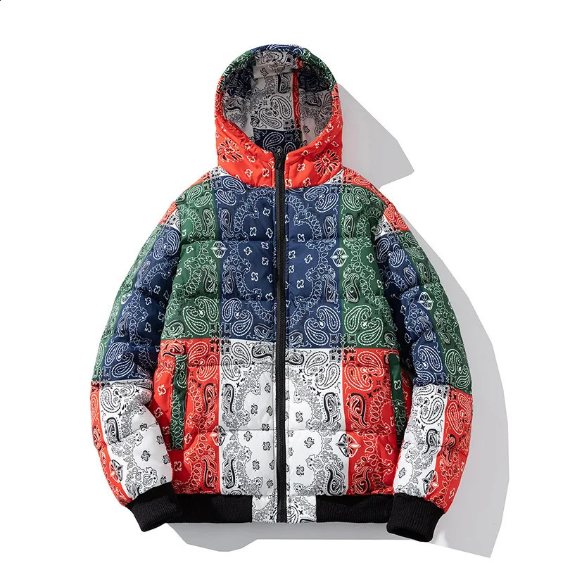 Streetwear Warm Parkas Men cashew flower Print Patchwork Winter Jacket men Harajuku Hip Hop Men Loose Thick Hooded Parka Jacket 250819