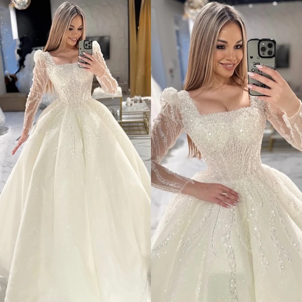 Sparkly A Line Women Wedding Dress Square Neck Long Sleeves Bridal Gowns Sequins Lace Sweep Train Dress Customized vestidos de novia