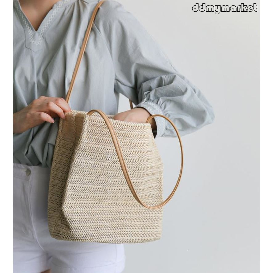 Ddmymarket 2025 Spring Summer Straw Ins Simple Versatile Beach Handbag for Women Same Style as Internet Celebrity Bucket Woven Bag