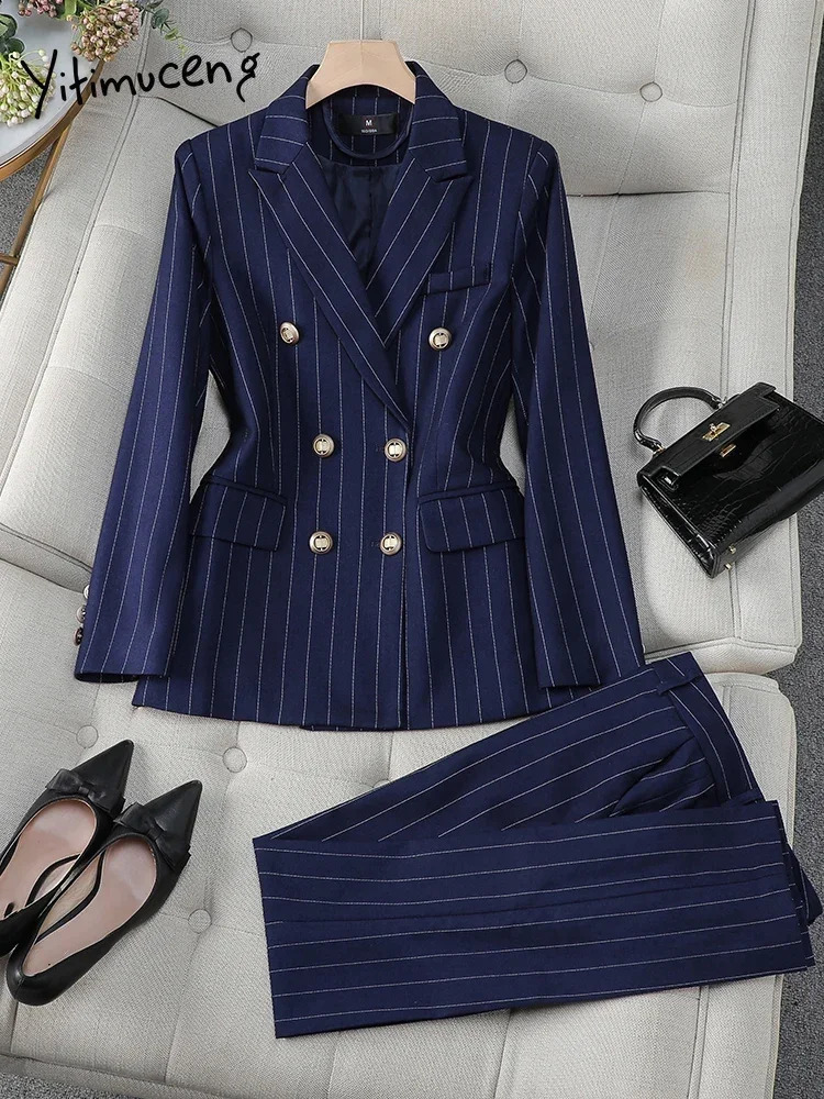 Women Blue Striped Female Business Work Wear Jacket Blazer and Trouser Formal 2 Piece Set Fashion Autumn Winter Ladies Pant Suit 250821