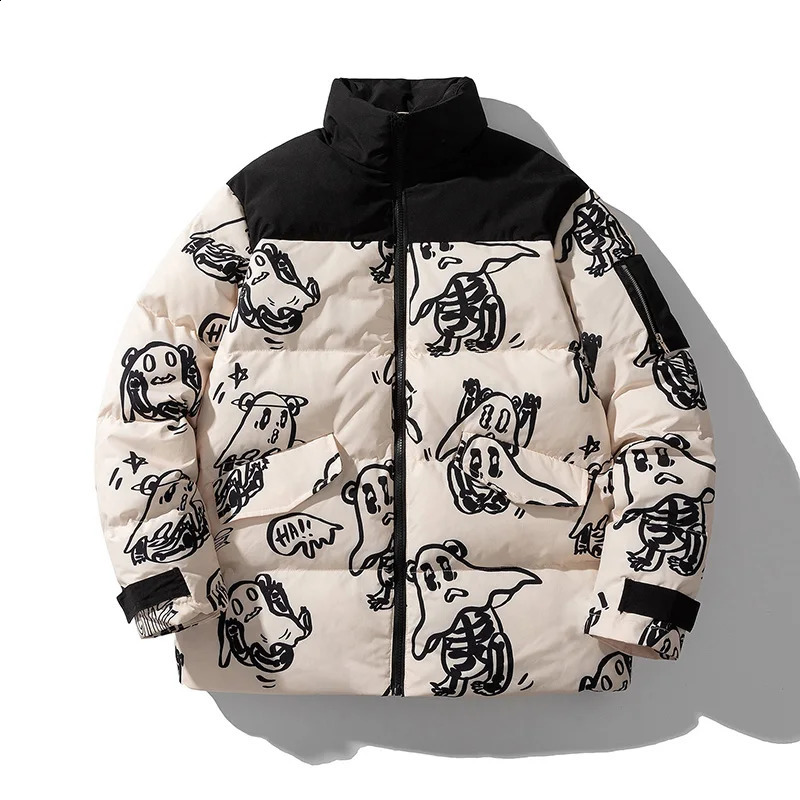 Cotton Padded Thick Parkas Jackets Streetwear Hip Hop Print Windproof Warm Zip Coats Fashion Harajuku Outwear Mens Clothing 250819
