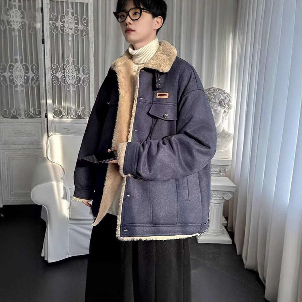 Autumn Solid Color American Style Turn-Down Collar Suede Gray Jacket Men's Winter Fleece-Lined Lamb Wool Cotton Coat B5