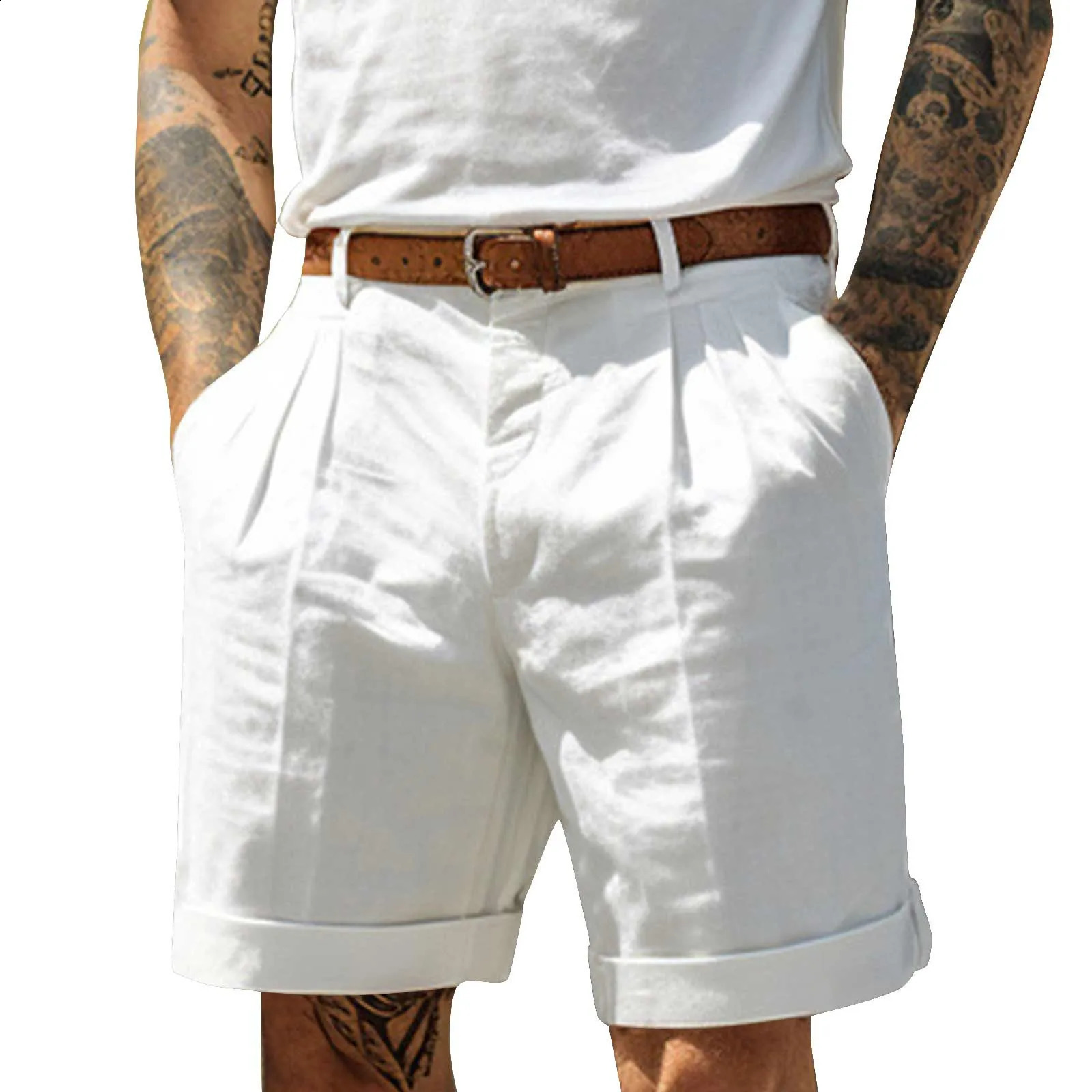 Mens Casual and Versatile Loose Shorts Fashion Solid Color Breathable Pleated Shorts Pants Simple Basic Straight Trousers 250821