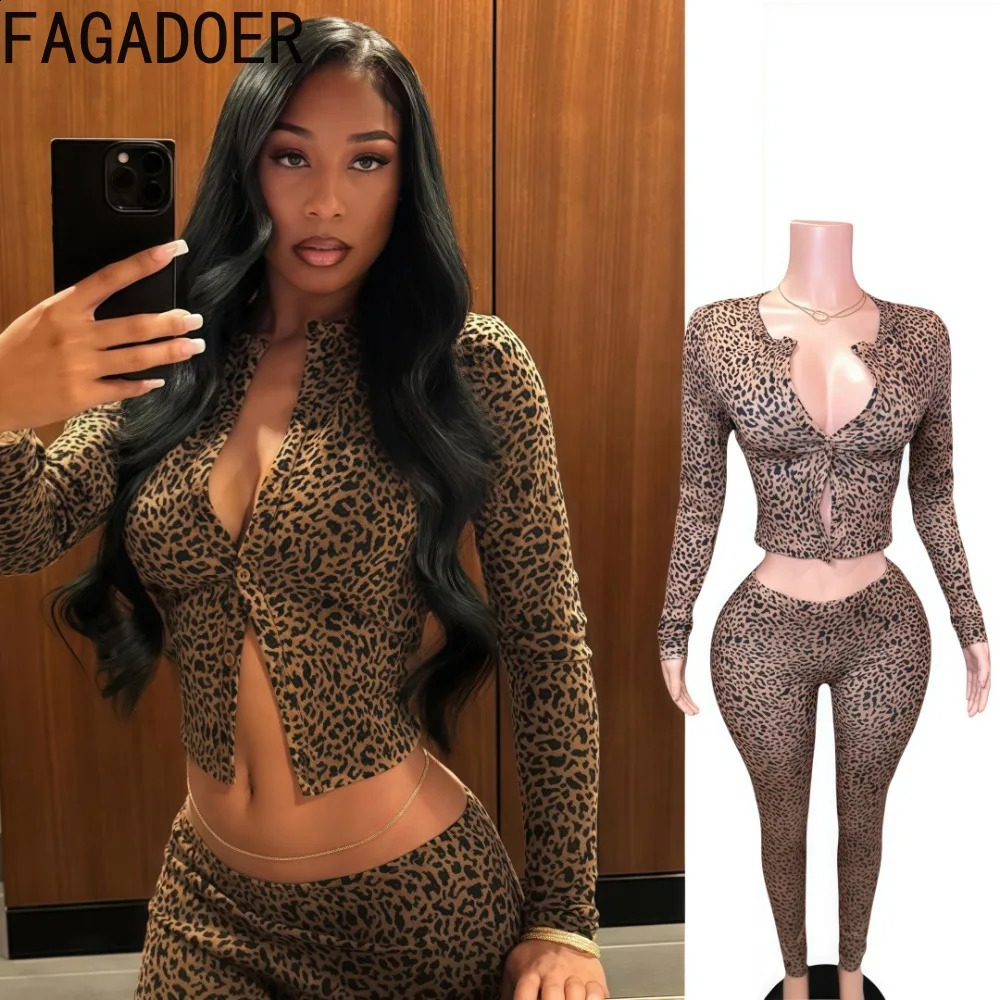 FAGADOER Fashion Leopard Print 2 Piece Sets Women Outfit Long Sleeve Crop Top Low Waist Skinny Pants Suits Female Streetwear 250821