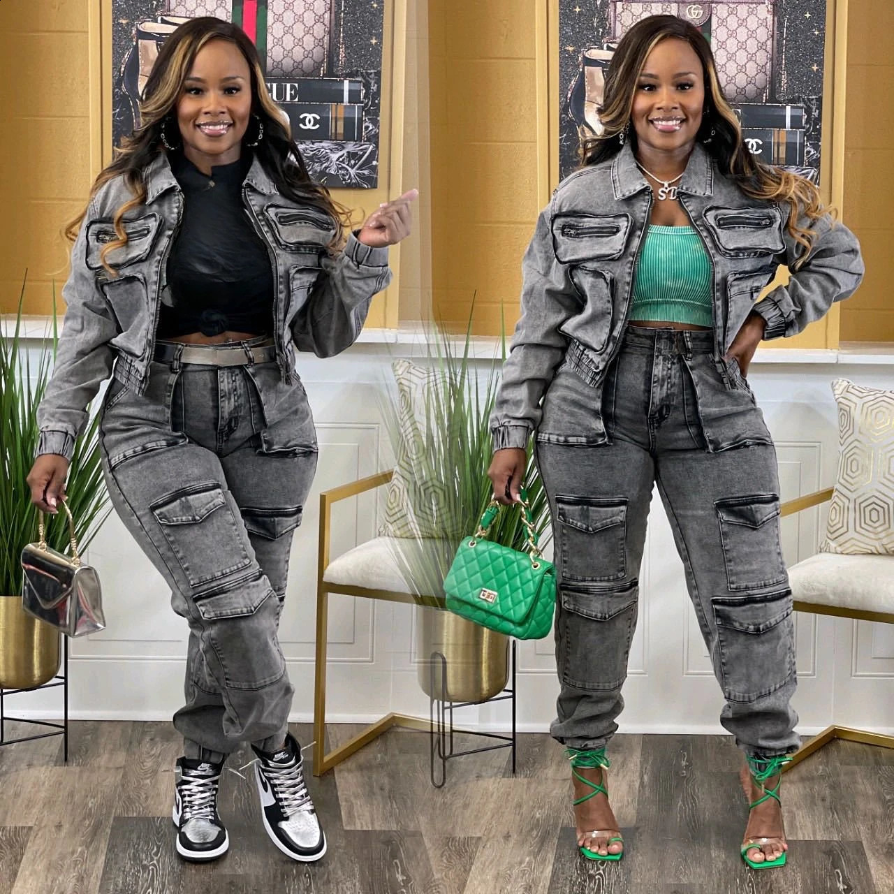 Pantes sets à manches longues pour femmes à manches longues Zipper zipper couler manteau cargo longueur pantalon de longueur de cheville pochets