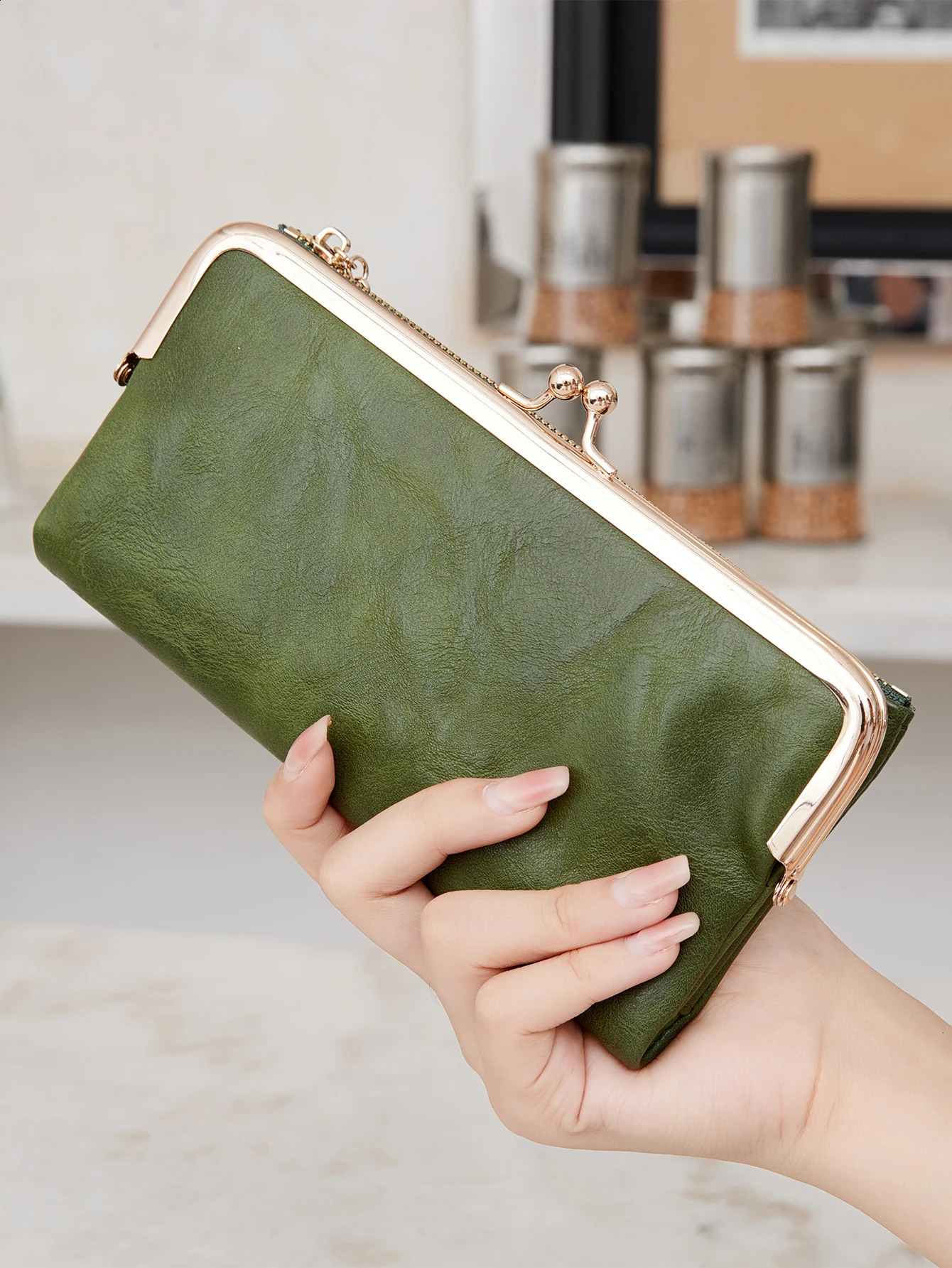 Vintage Kiss Lock Long Womens Wallet Solid Color Multi functional Zipper Wallet Minimalism Double Fold Large Capacity Handbag 250814