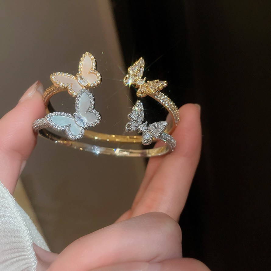 Silver Tone Butterfly Cuff Bracelets With Mother - of - Pearl And Crystal Accents Elegant Daily And Special Occasions Gift For Her High Quality A