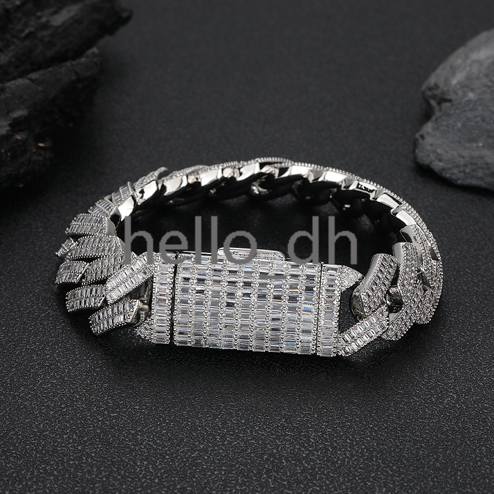 Womens Shiny Iced Out Baguette Diamond Cuban Link Chain Bracelet 20mm Silver Plated Hip Hop Fine Jewelry