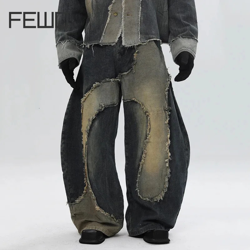 FEWQ High Street Mens Denim Pants Raw Edge Casual Patch Patchwork Contrast Color Loose Wide Leg Male Curved-knife Jeans 24K5331 250818