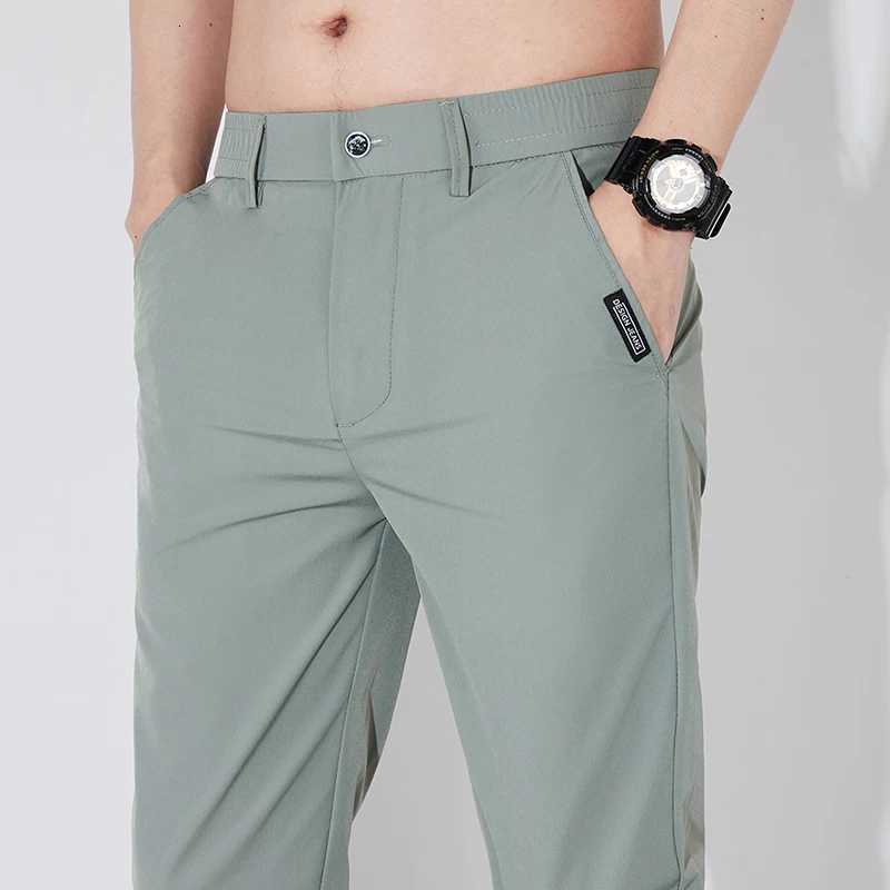 Summer Silk Stretch Smooth Trousers Men Business Elastic Waist Korean Classic Thin Cool Black Gray Casual Suit Pants Male Brand XJ250821