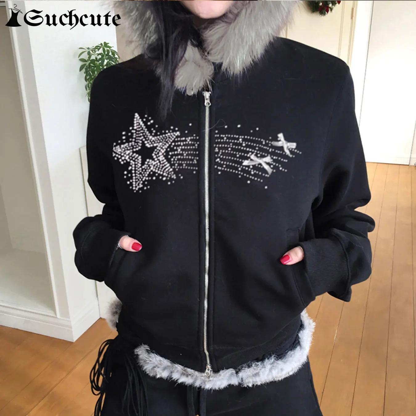 SUCHCUTE Gothic Vintage Rhinestones Graphic Hoodie Solid Fur Patchwork Hooded Jackets Womens Double Zipper Coats Autumn Winter 250820