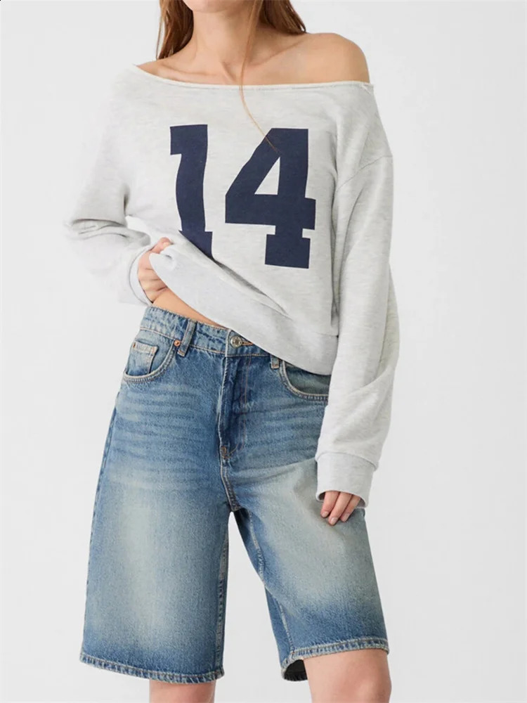 Women Cropped Sweatshirts Long Sleeve Oblique Neck Numbers Print Hoodie Pullover Casual Tops 250820