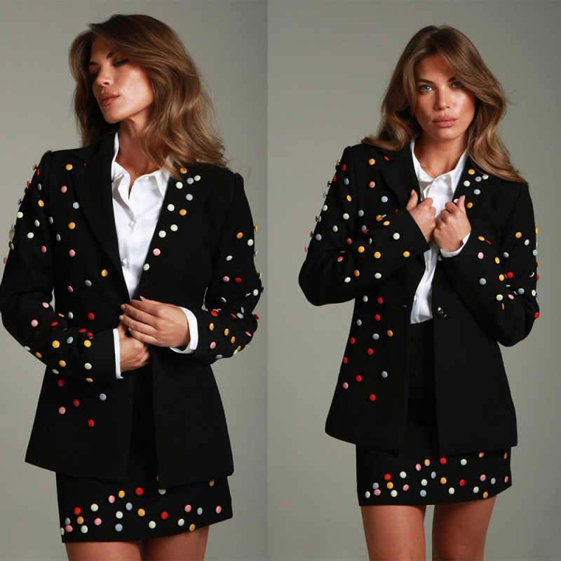 Bureau de mode 2 pièces Femmes Sostumes à manches longues décoration bouton de la veste Blazers Ladies Work Birthday Party Courte Jupe Wear